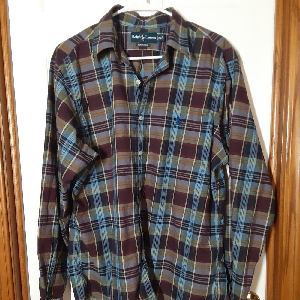 POLO RALPH LAUREN CLASSIC FIT PLAID SHIRT MENS Size LARGE 16.5 FREE SHIPPING. Ma